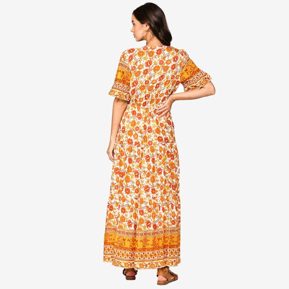 Gigio Floral Print Maxi Dress • NWT • Tiered Ruffles • Button Down • Boho Orange - Picture 3 of 5